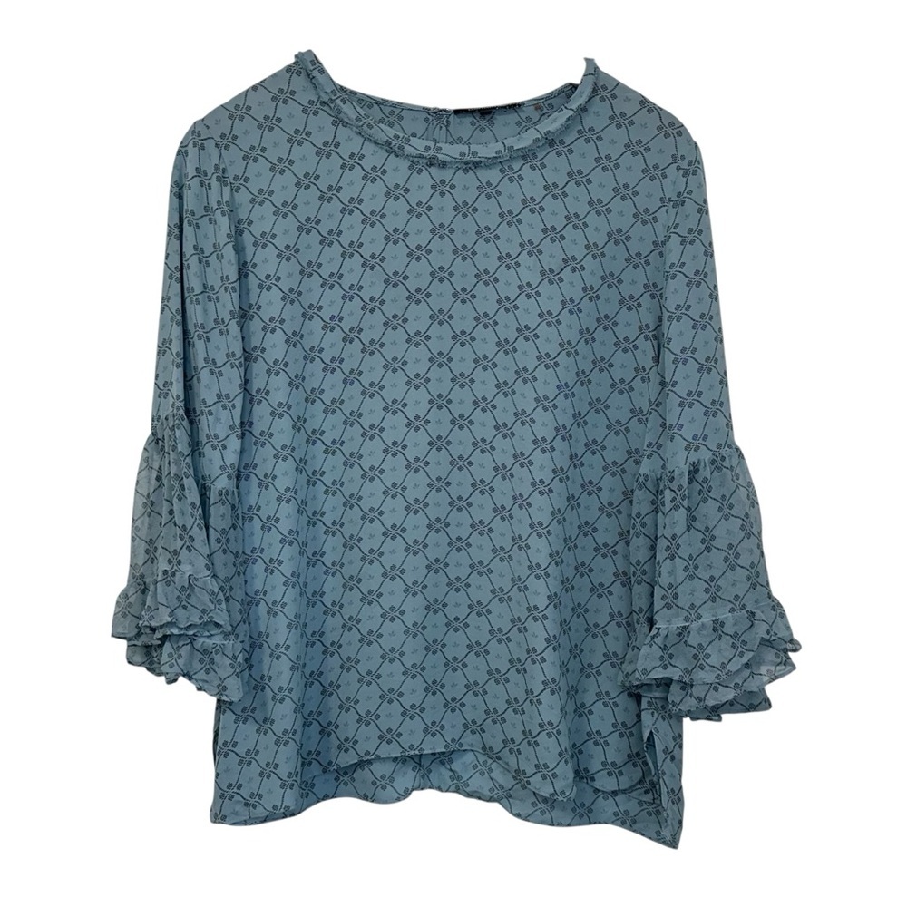 Kobi Halperin Women 100% Silk Printed Blouse Sz 1X Blue Black Ruffle 1/2 Sleeve